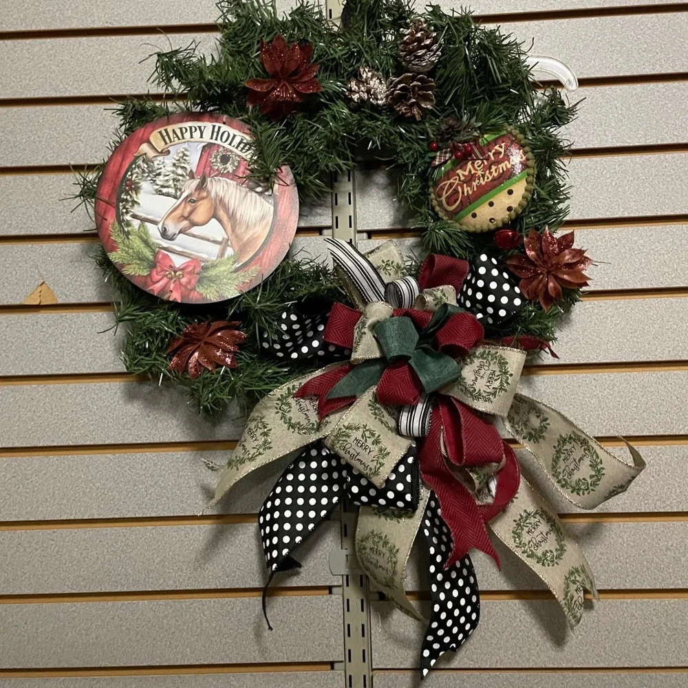 Holiday Horse Christmas Wreath, Farmhouse Decor, Pinecones, Bows, Happy Holidays